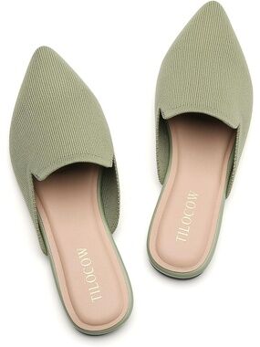 🆕 Women Green Pointed Toe Flat Mules Knit Mesh Slip On Loafers Backless Shoes